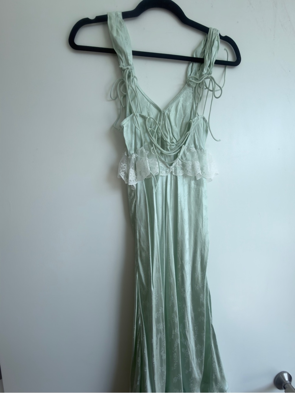 (NWOT) For Love & Lemons Pale Mint Lace-Trim Satin Midi Dress - Picture 8 of 8